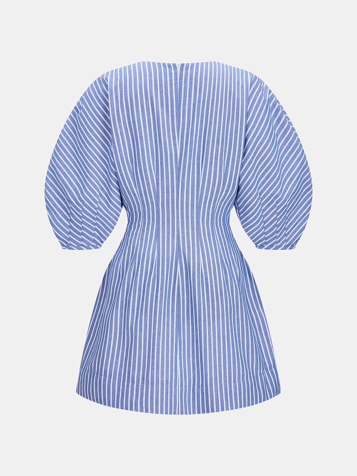Striped Puff Sleeve Cotton Linen Mini Dress