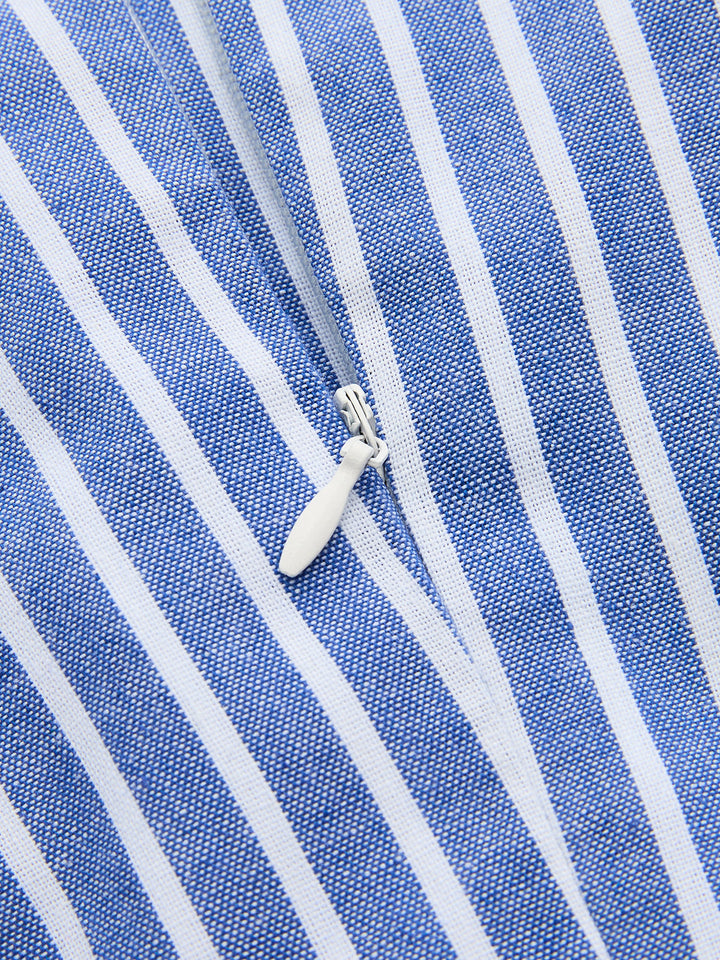 Striped Puff Sleeve Cotton Linen Mini Dress
