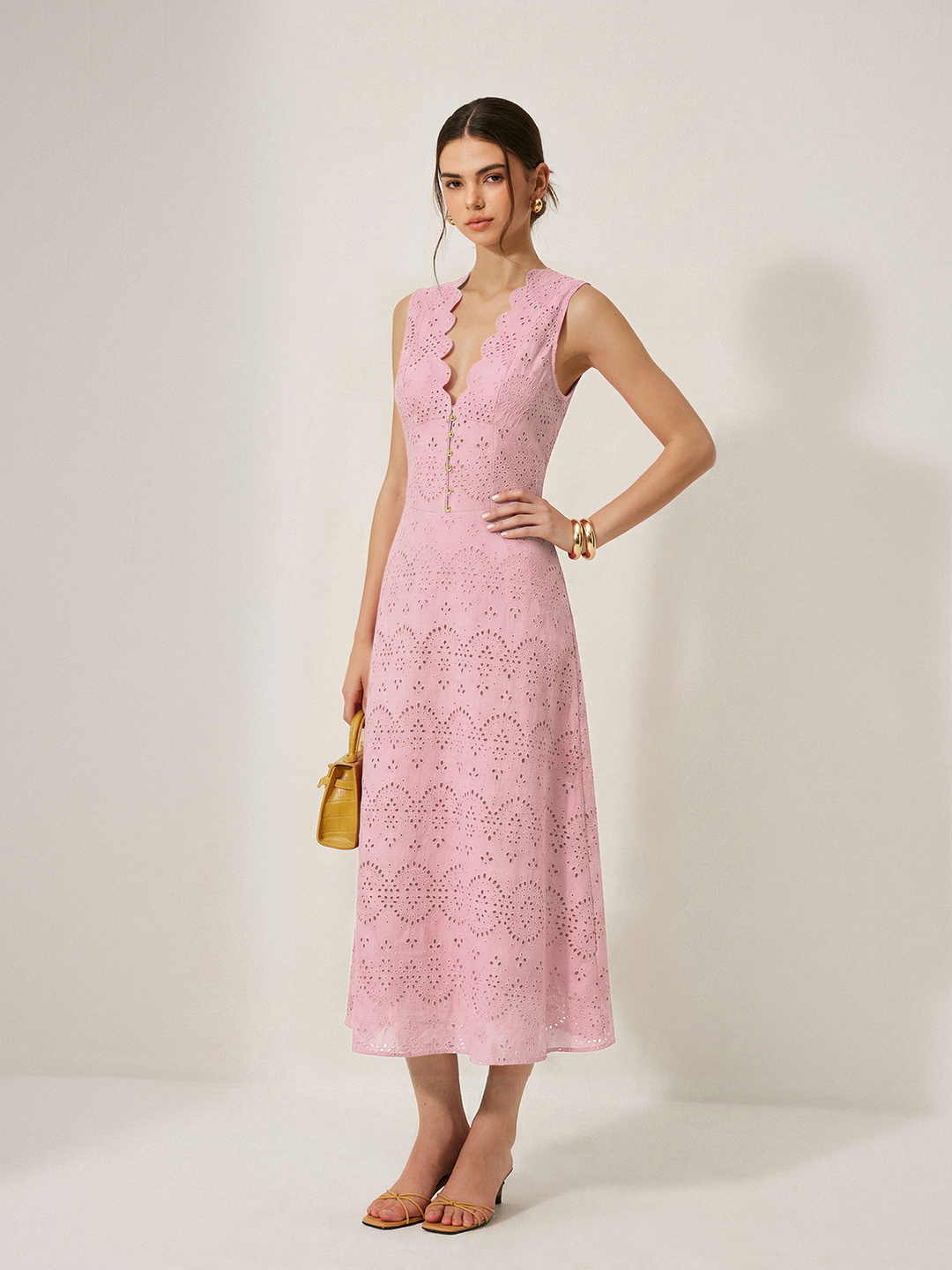 Cotton Sleeveless Embroidered Eyelet Dress with Deep V Neck