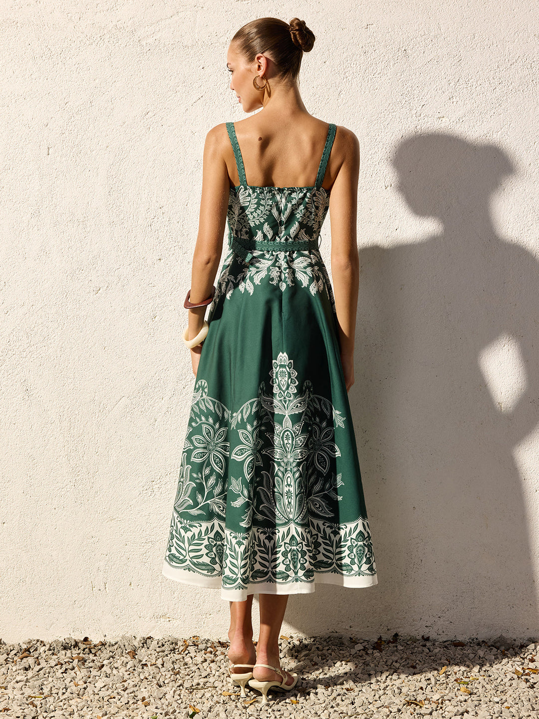 Baroque Floral Print Belted Cami Maxi Dress