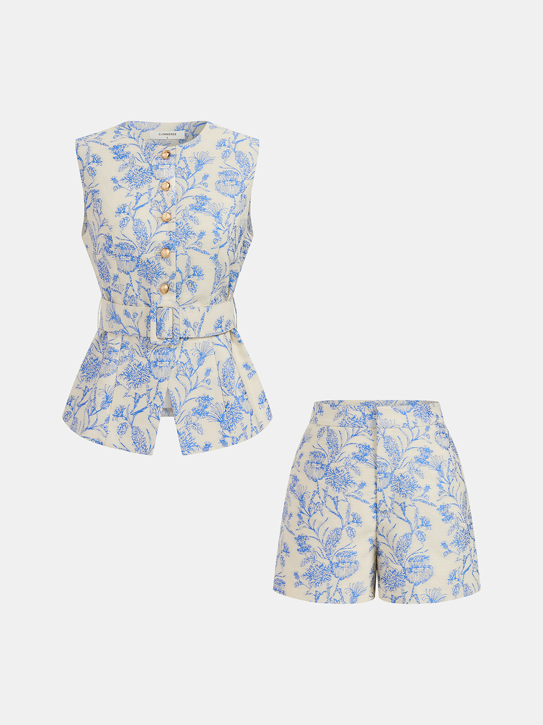 Belted Floral Jacquard Vest & Shorts Set