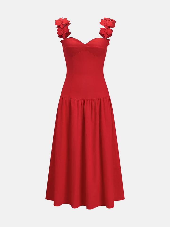 Flower Strap Cotton Linen Midi Dress