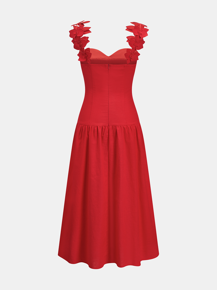 Flower Strap Cotton Linen Midi Dress