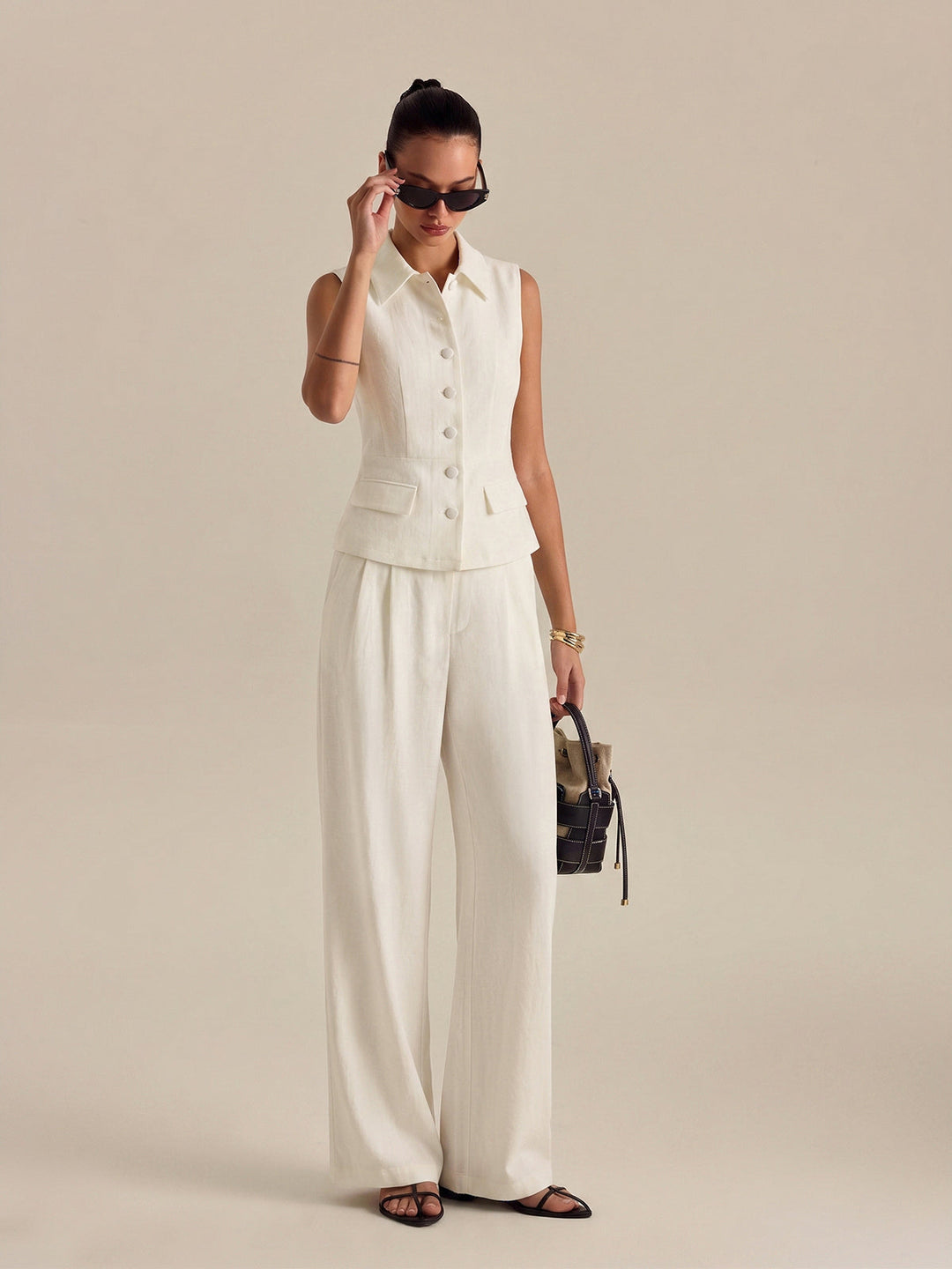 Collared Cotton Linen Vest & Pants Set