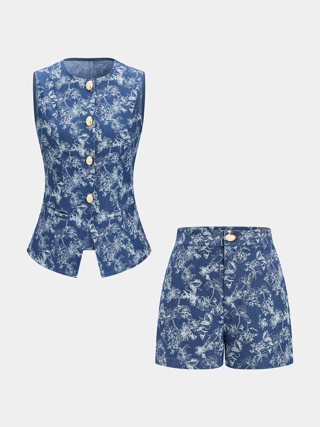 Floral Jacquard Denim Vest & Shorts Set
