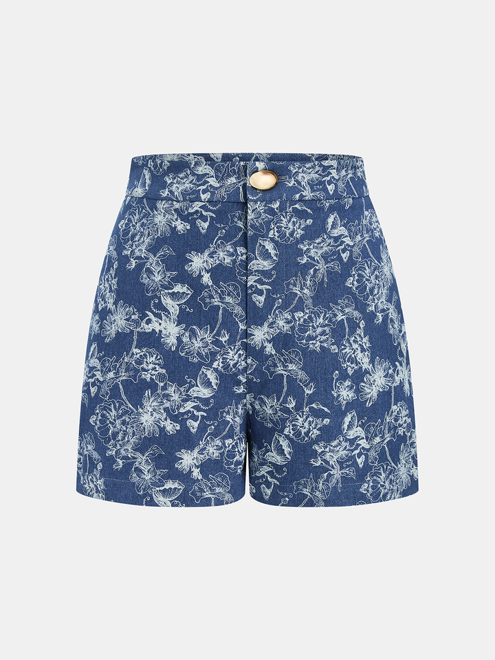 Floral Jacquard Denim Vest & Shorts Set