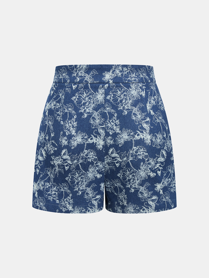 Floral Jacquard Denim Vest & Shorts Set