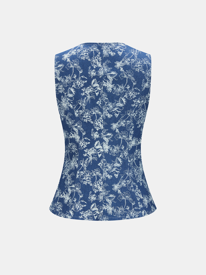Floral Jacquard Denim Vest & Shorts Set