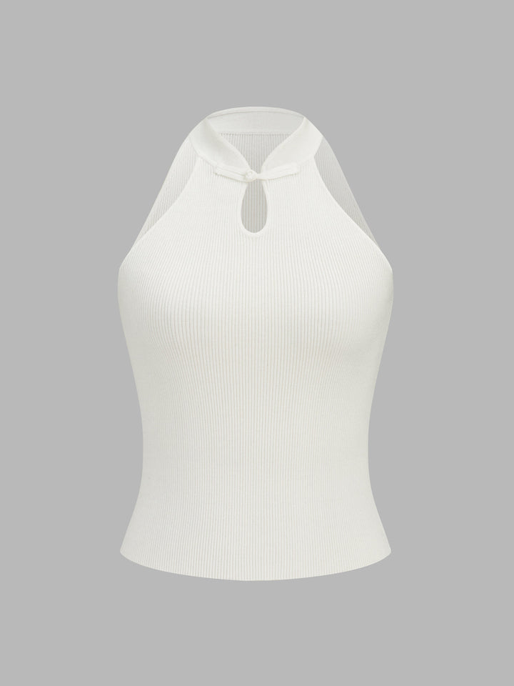 Frog Button Keyhole Neck Ribbed Knit Tank Top