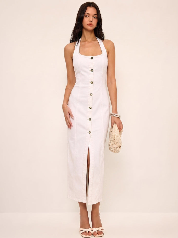 Denim Halter Button Front Maxi Dress