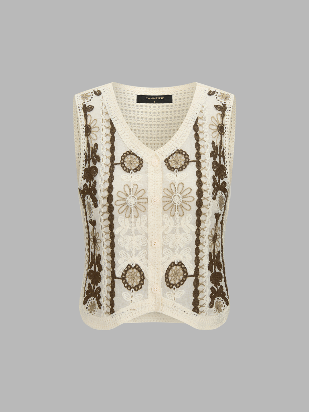 Floral Embroidered Crochet Knit Vest