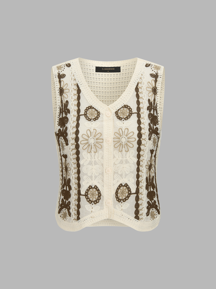 Floral Embroidered Crochet Knit Vest