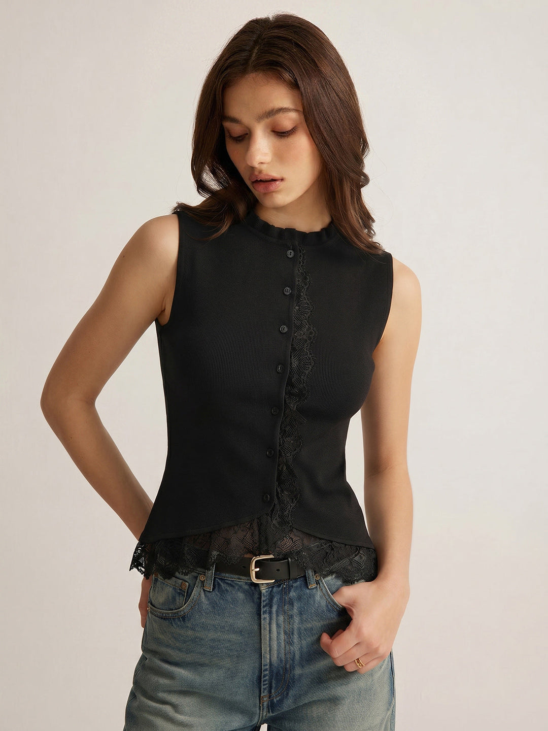 Lace Trim Button Front Knit Vest