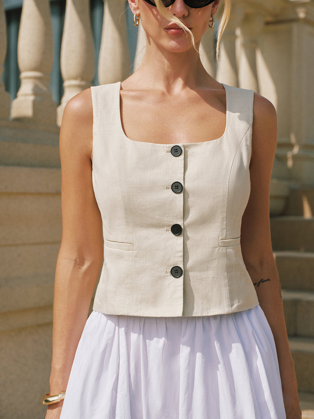 Square Neck Buttoned Vest & Maxi Skirt Set