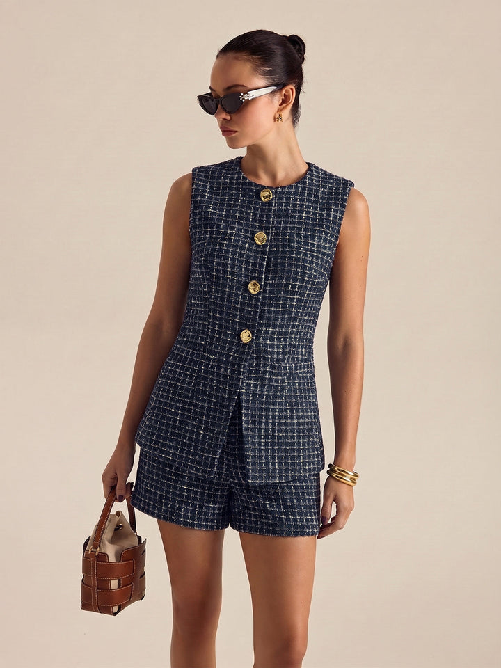 Metal Button Tweed Vest & Shorts Set