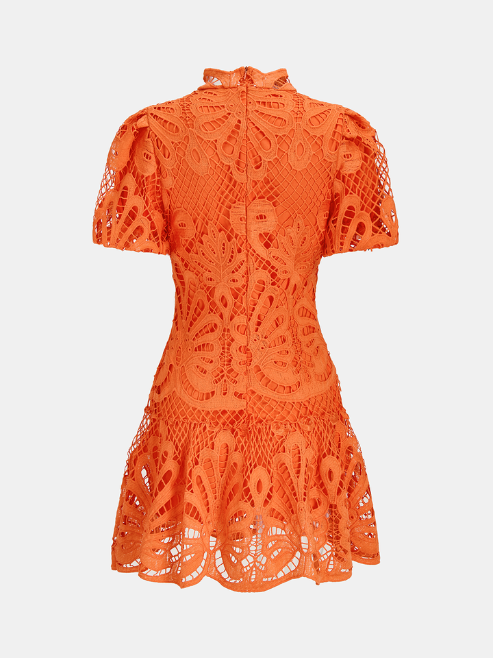High Neck Short Sleeve Guipure Lace Mini Dress