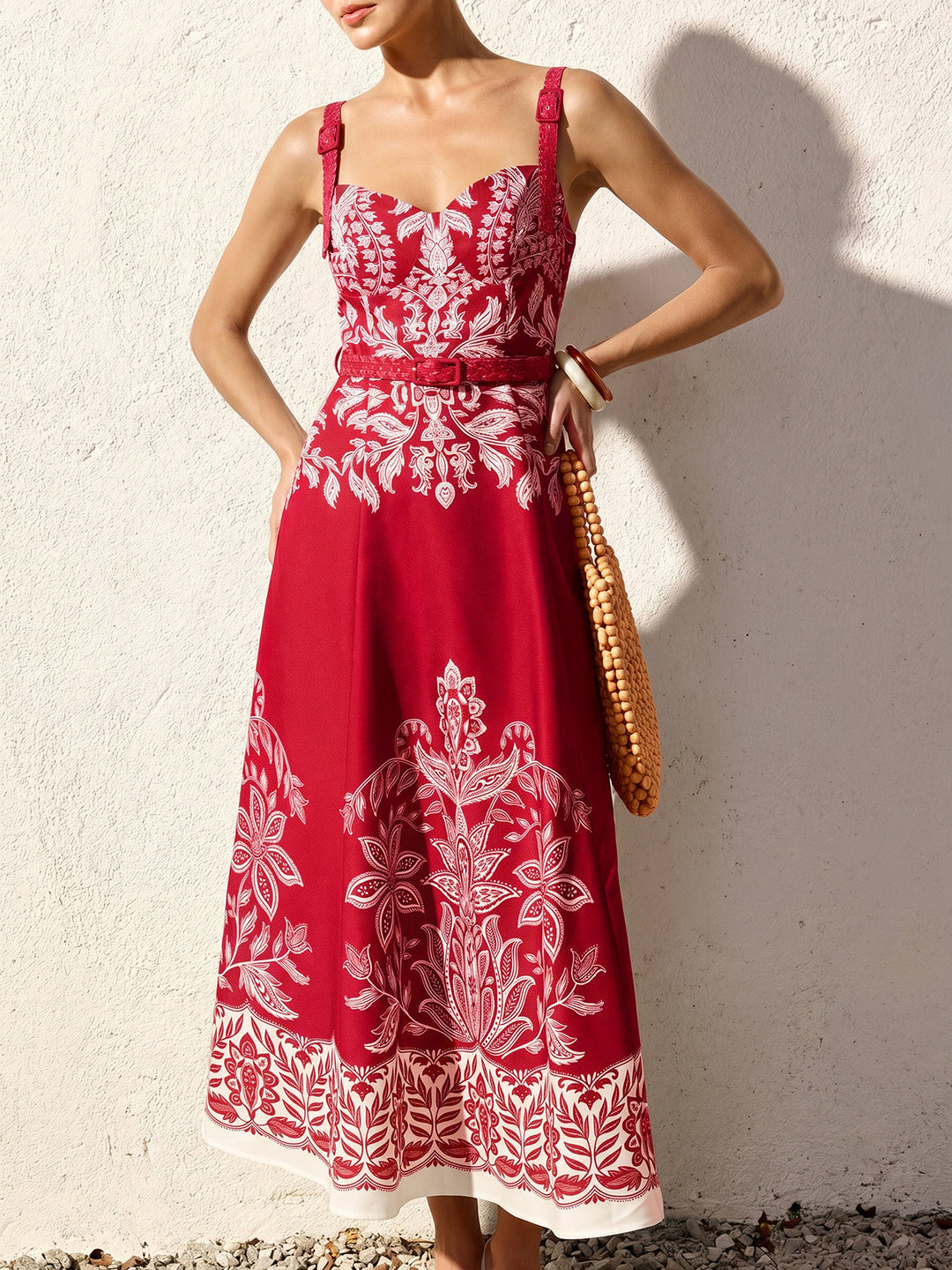 Baroque Floral Print Belted Cami Maxi Dress