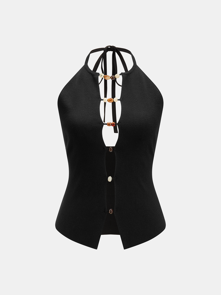 Beaded Cutout Halter Knit Tank Top