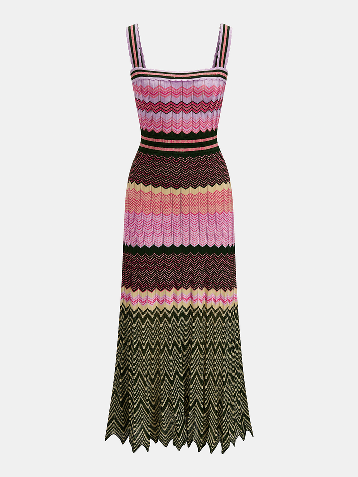 Square Neck Colorful Chevron Knit Midi Dress