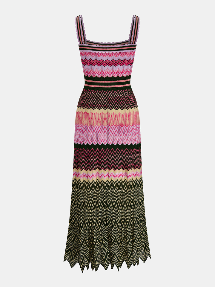 Square Neck Colorful Chevron Knit Midi Dress