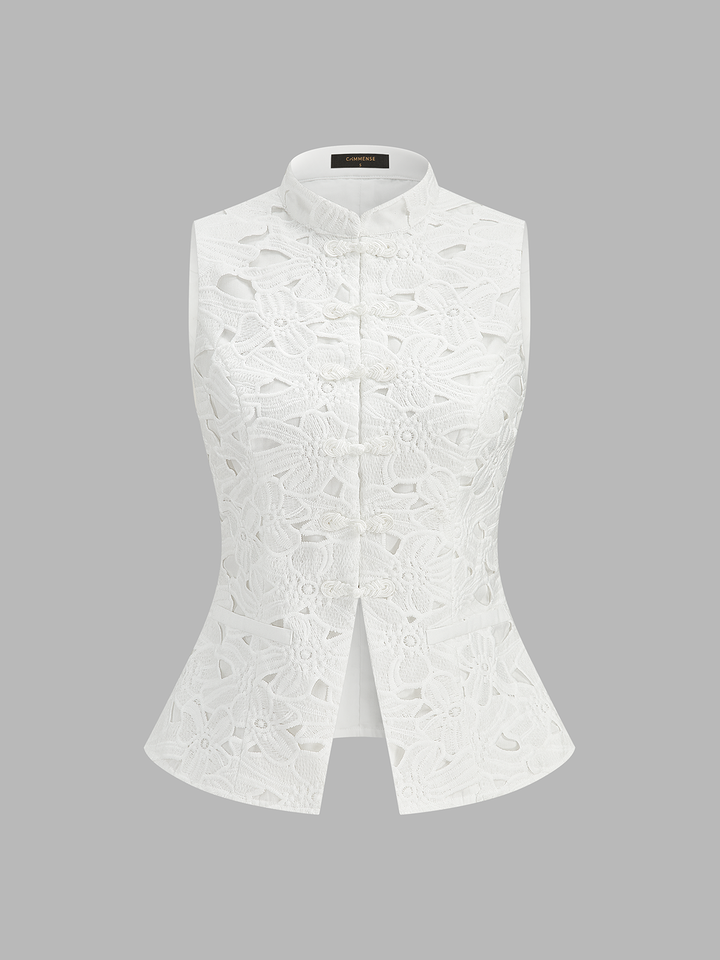 Guipure Lace Mandarin Collar Frog Button Vest