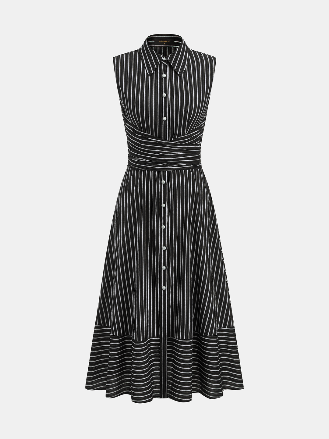 Striped Collared Sleeveless Tie Waist Midi Dress