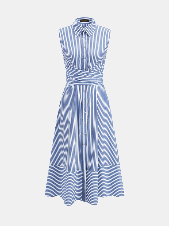 Striped Collared Sleeveless Tie Waist Midi Dress