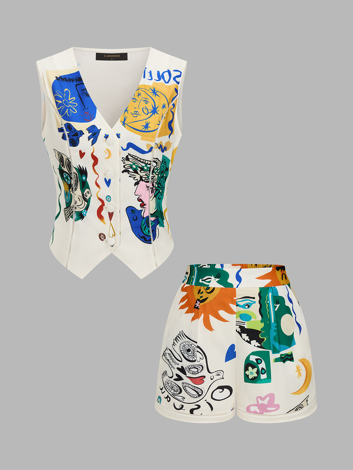 Abstract Art Print Vest & Shorts Set