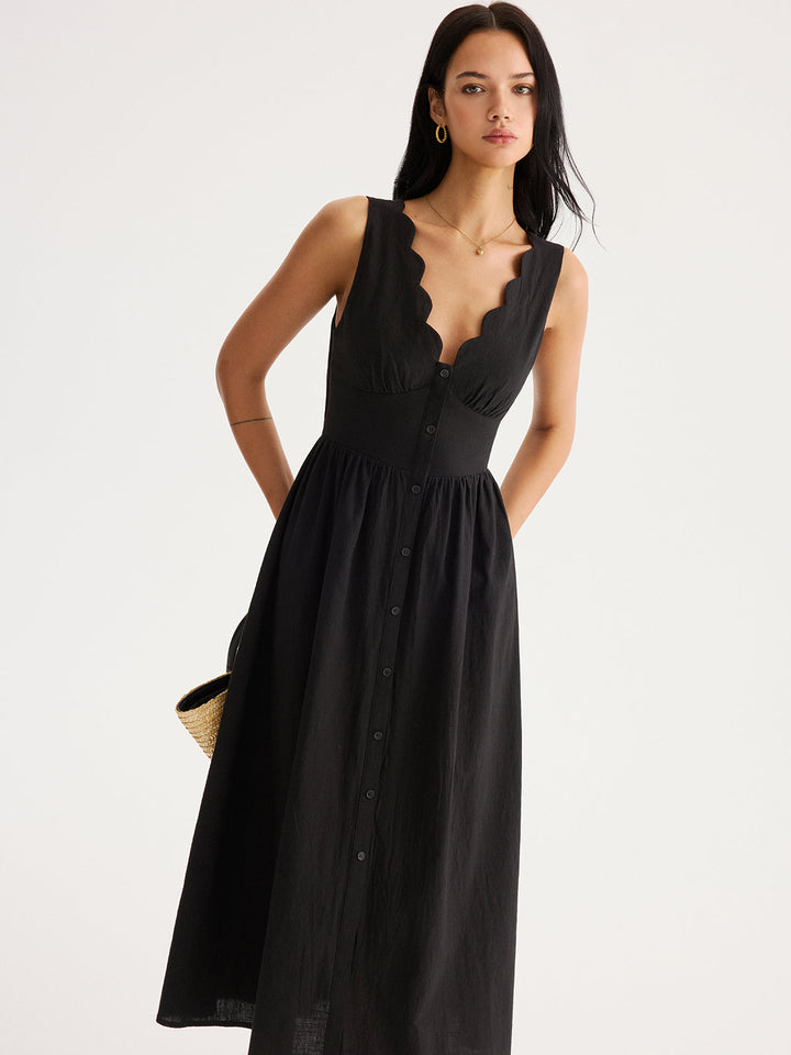 Scalloped Neckline Tie-Back Cotton Maxi Dress