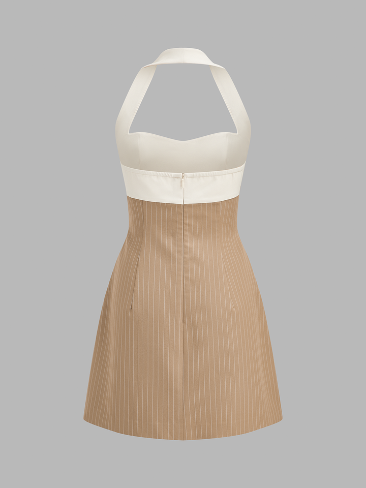 Color Block Halter Pinstripe Mini A-Line Dress