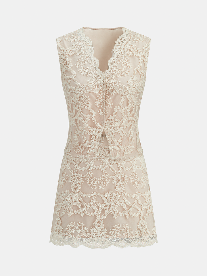 V-Neck Lace Vest & Mini Skirt Set