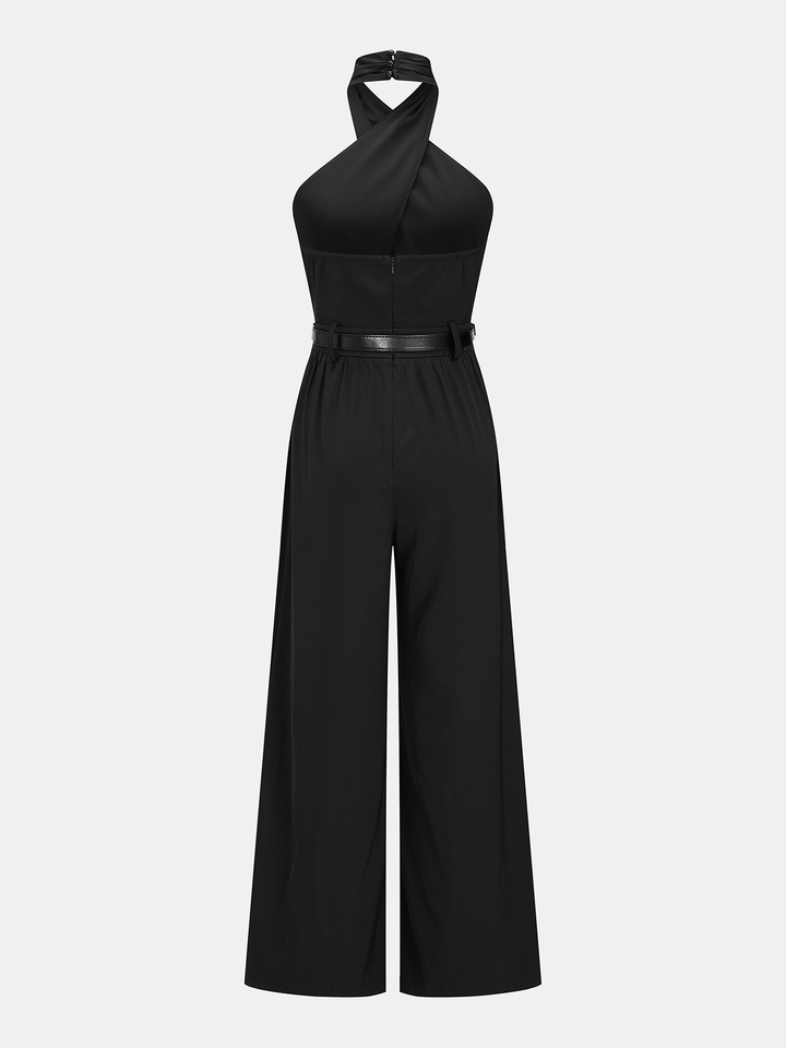 Cross Halter Belted Wide Leg Jumpsuit