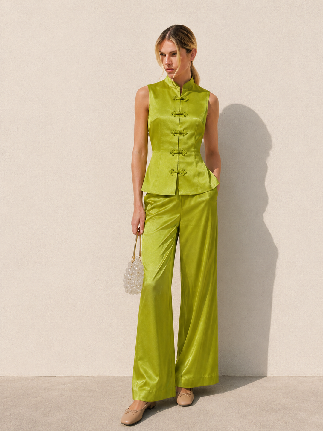 Chinese Knot Button Sleeveless Vest & Pants Set