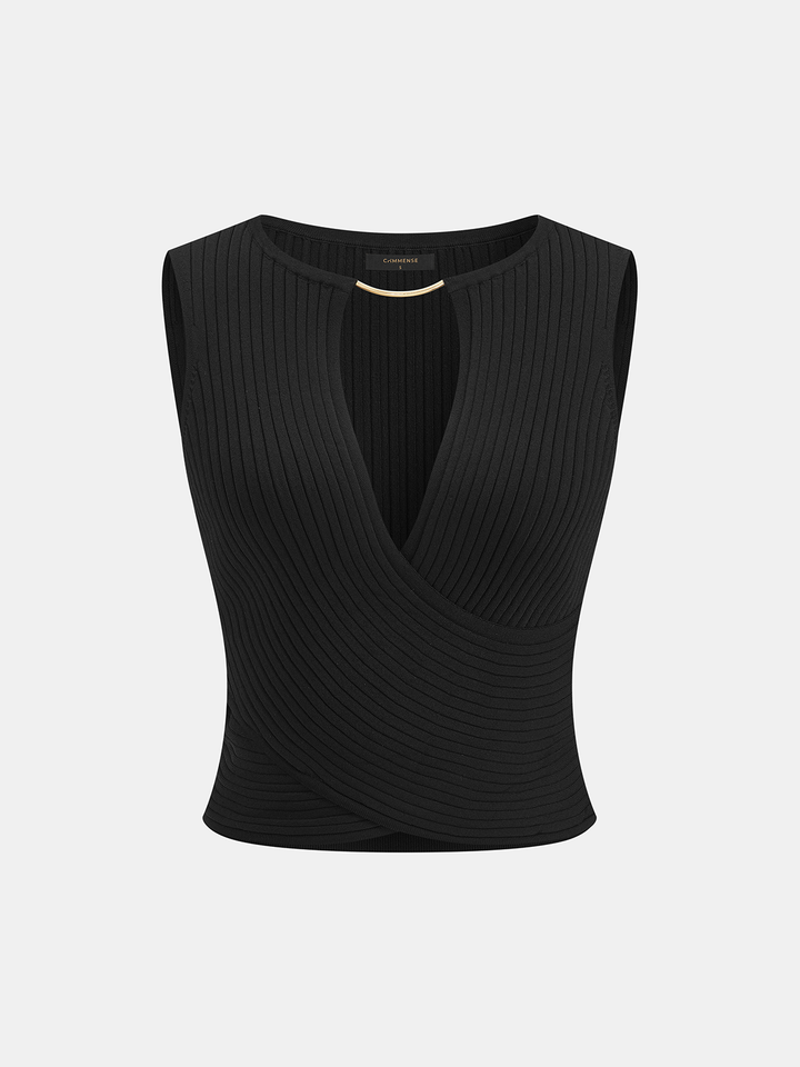 Metal Neckline Bar Ribbed Knit Tank Top