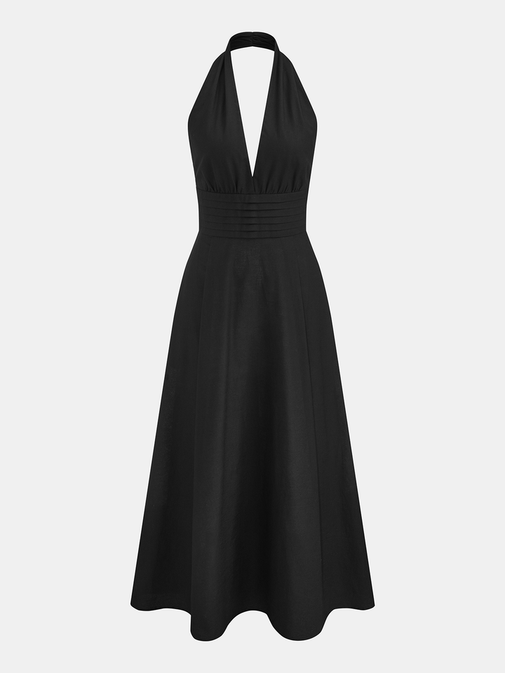 Deep V-Neck Halter Cotton Linen Maxi Dress