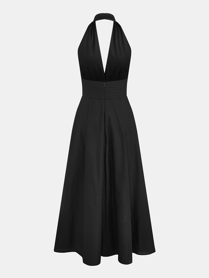 Deep V-Neck Halter Cotton Linen Maxi Dress