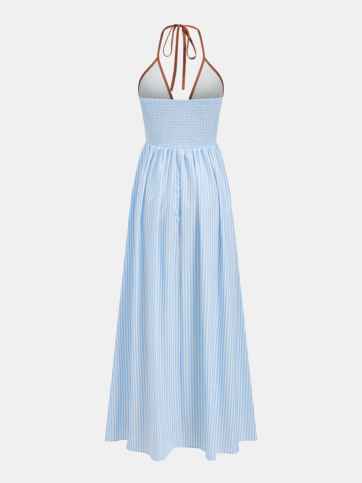 Deep V Neck Halter Striped Midi Dress