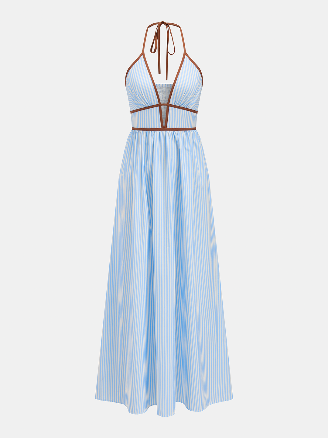 Deep V Neck Halter Striped Midi Dress
