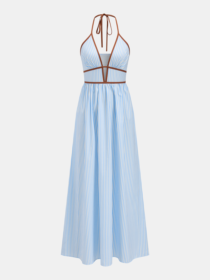 Deep V Neck Halter Striped Midi Dress