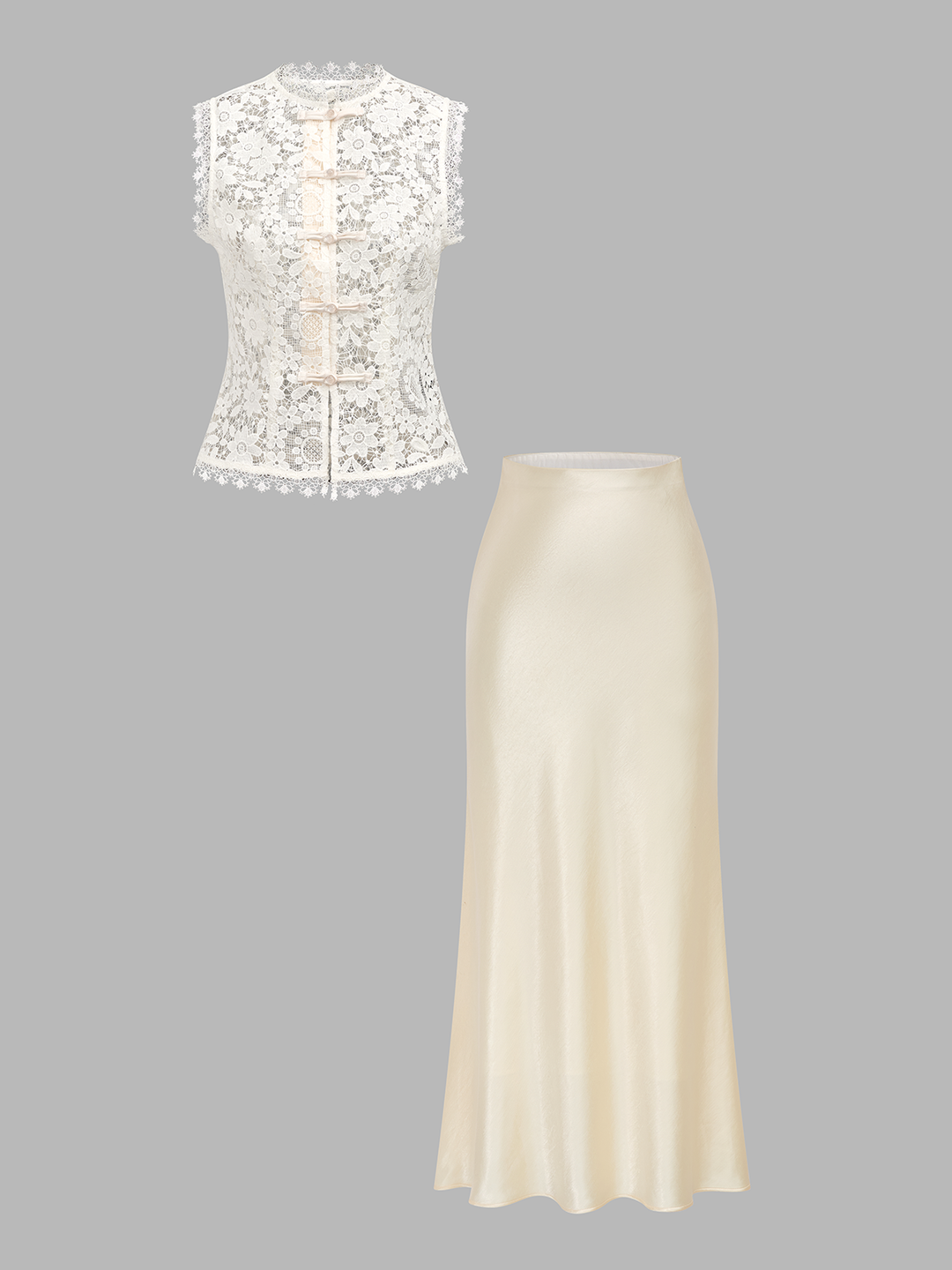 Frog Button Lace Vest & Satin Midi Skirt Set