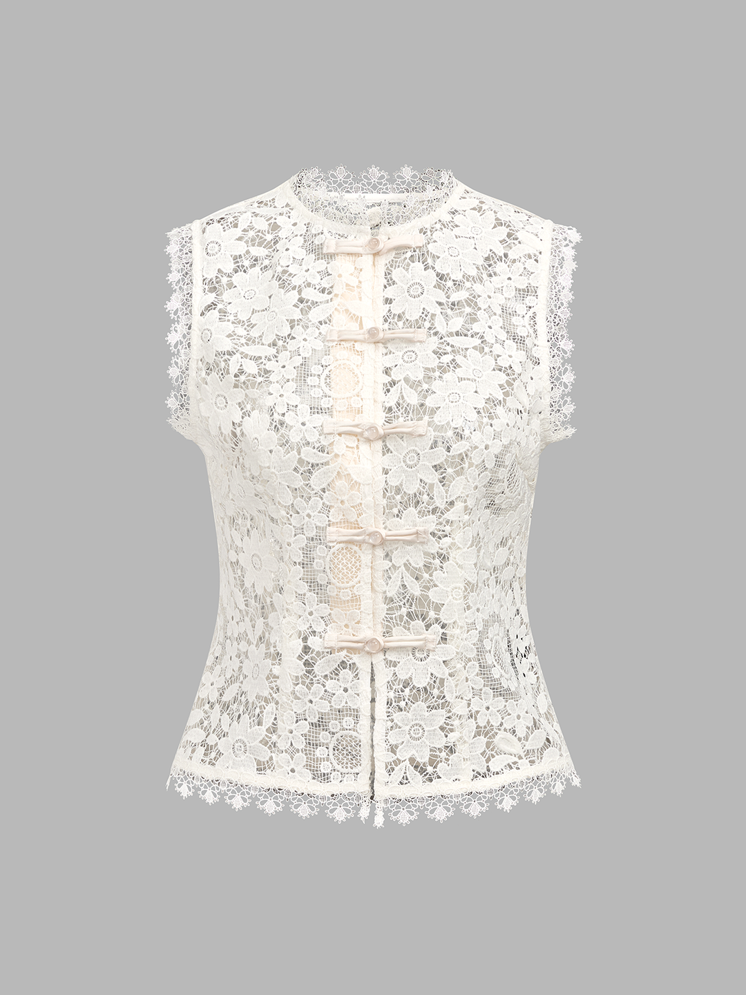 Frog Button Lace Vest & Satin Midi Skirt Set
