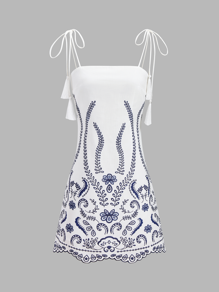Tassel Tie Embroidered Cami Mini Dress