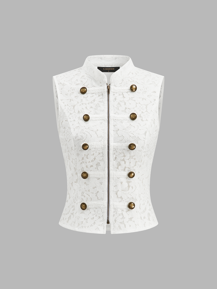 Napoleon Front Zipper Stand Collar Lace Vest