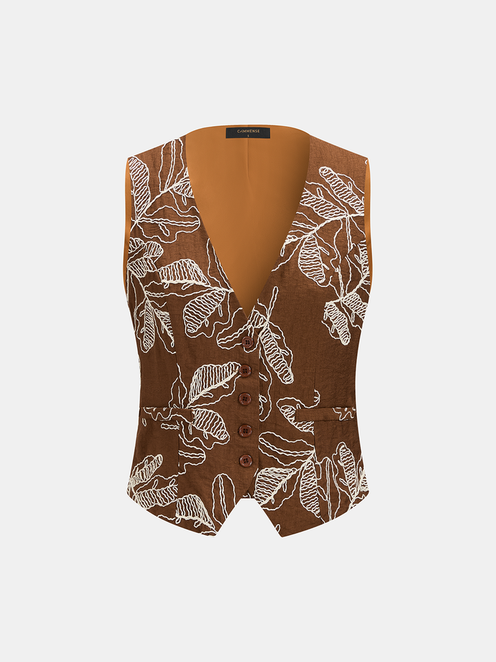Leaf Embroidered Vest & Wide Leg Pants Set