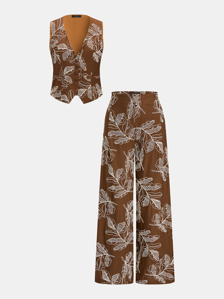 Leaf Embroidered Vest & Wide Leg Pants Set