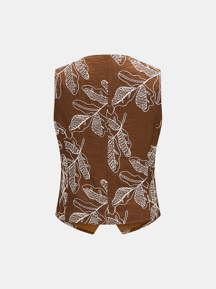 Leaf Embroidered Vest & Wide Leg Pants Set
