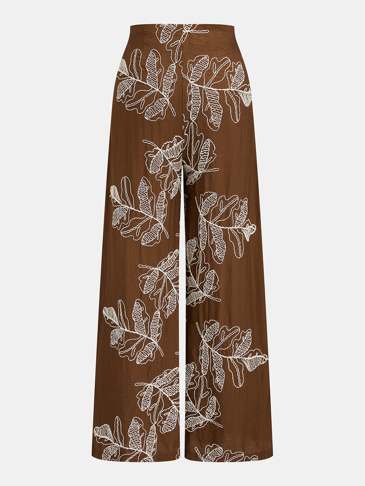 Leaf Embroidered Vest & Wide Leg Pants Set