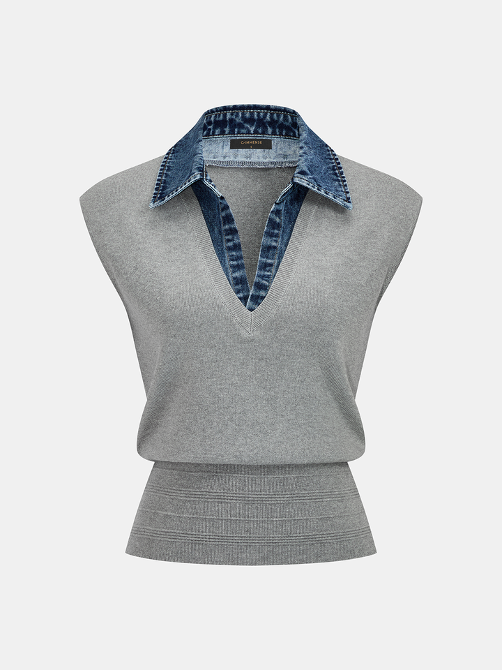 Denim Collar Sleeveless Knit Vest