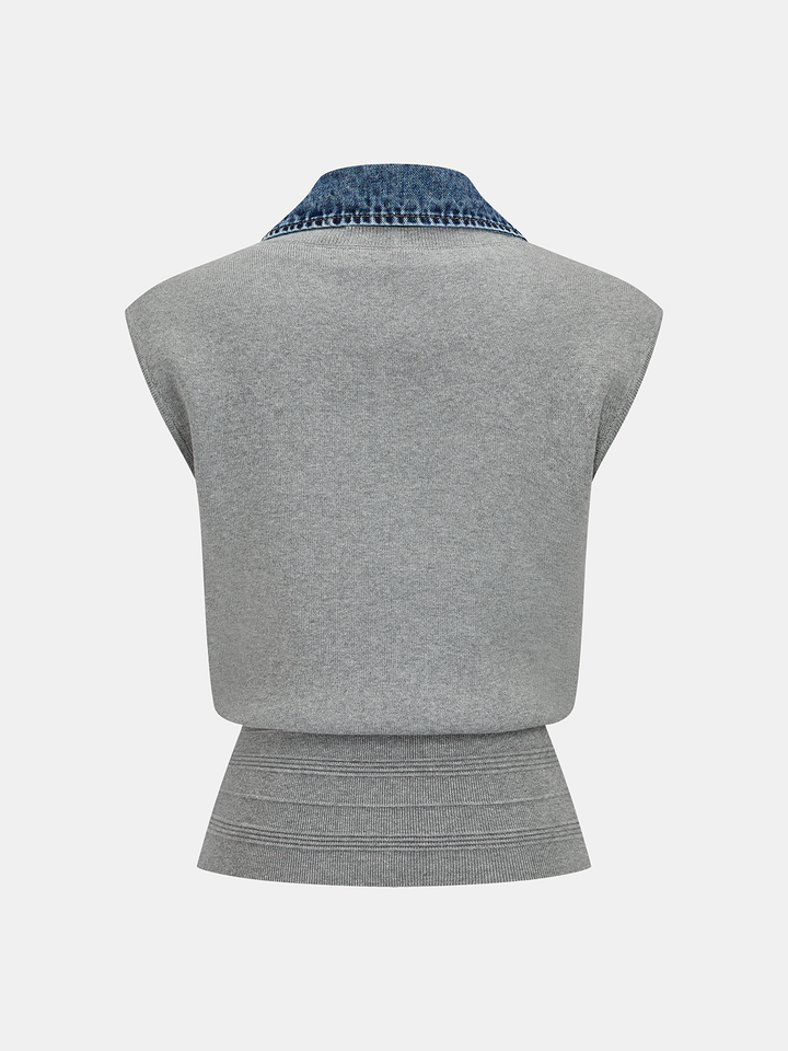 Denim Collar Sleeveless Knit Vest