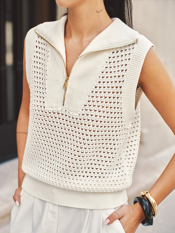 Open-Knit Half-Zip Sleeveless Sweater Vest